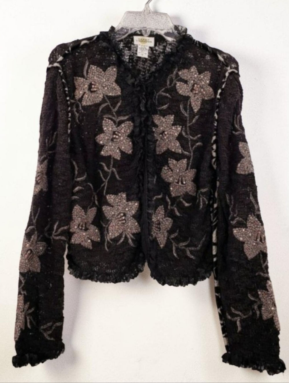 Vtg Sandy Starkman Cardigan Sz M Brown Embroidered Sequin Embellished Lace Trim